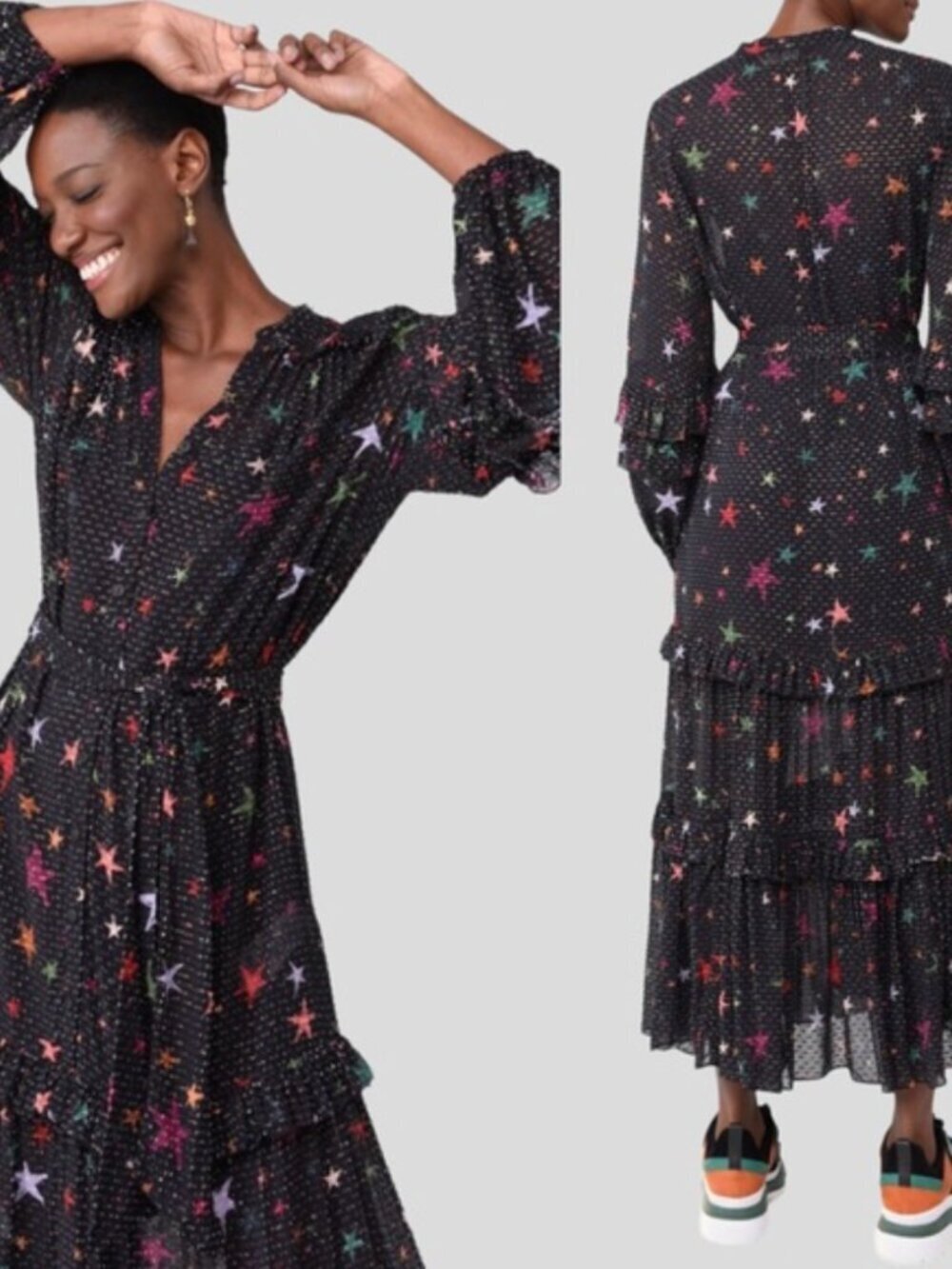 Farm Rio Night Sky Maxi Dress Long Sleeve Tiered Belted Colorful Stars Black XS